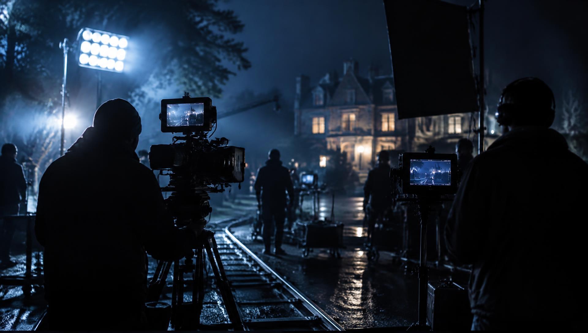 Bastidores de uma produção audiovisual à noite